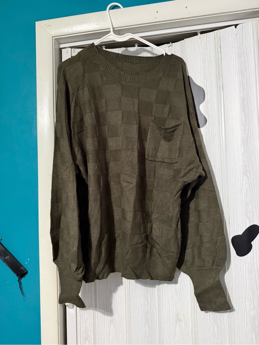 Women’s Olive Green Checker Knit Sweater with Chest Pocket